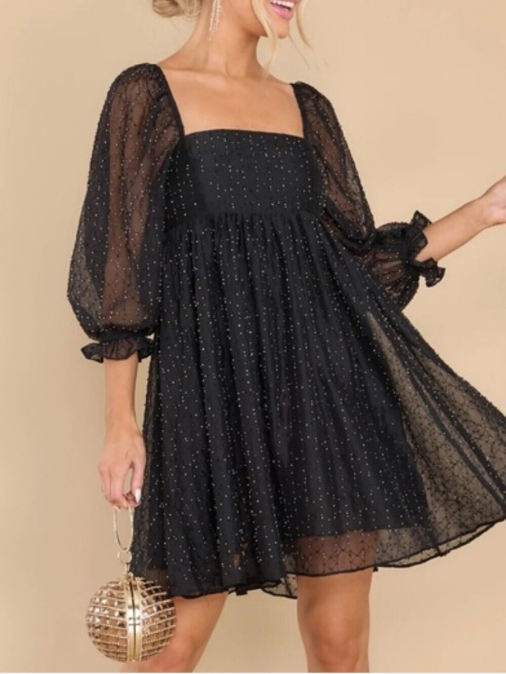 Storia-Black Beaded Mesh Puff Sleeve Babydoll Mini Dress-Size Medium
